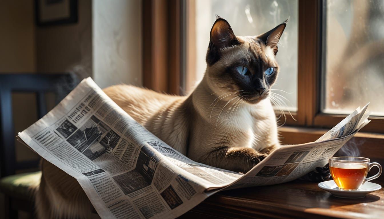 Siamese Cat Reads Newspaper in Alcohol Ink Style