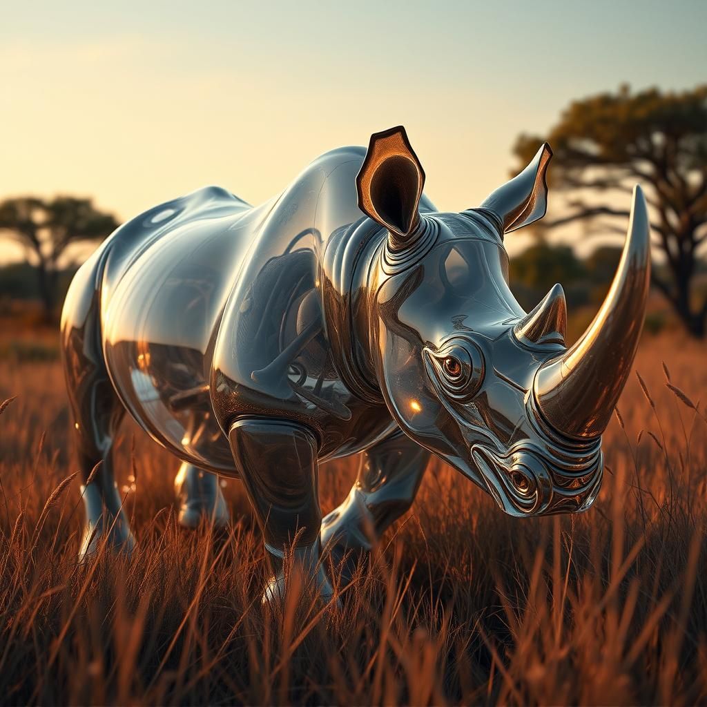 Transparent Glass Rhino in Savannah Landscape
