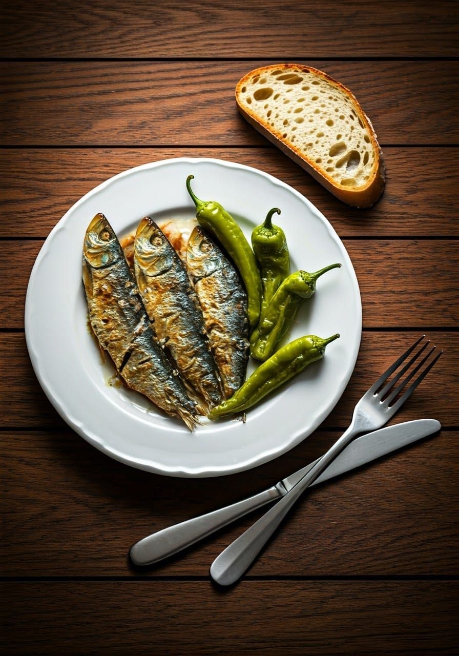 Roasted Sardines Still-Life with Porcelain Plate