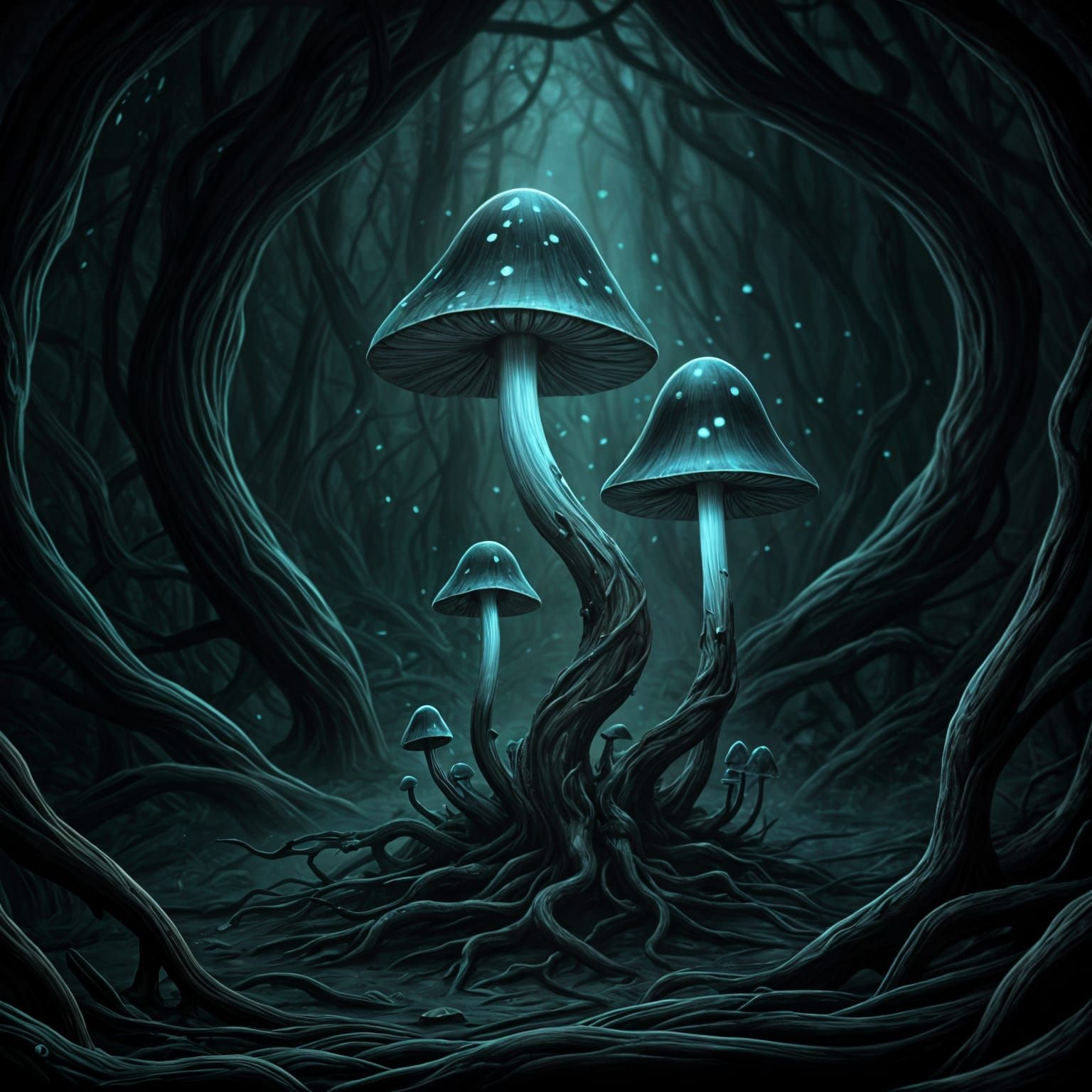 Eerie Mushrooms with Blue Glow in Dark Fantasy Feywild