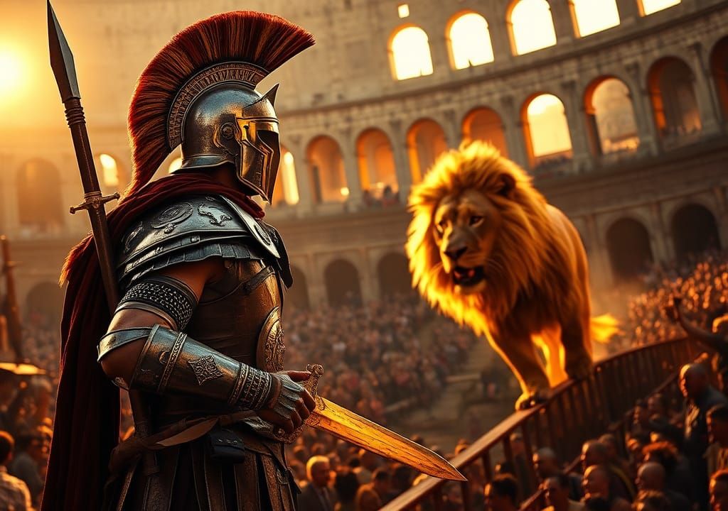 Gladiator and Lion in Colosseum: Oil Painting