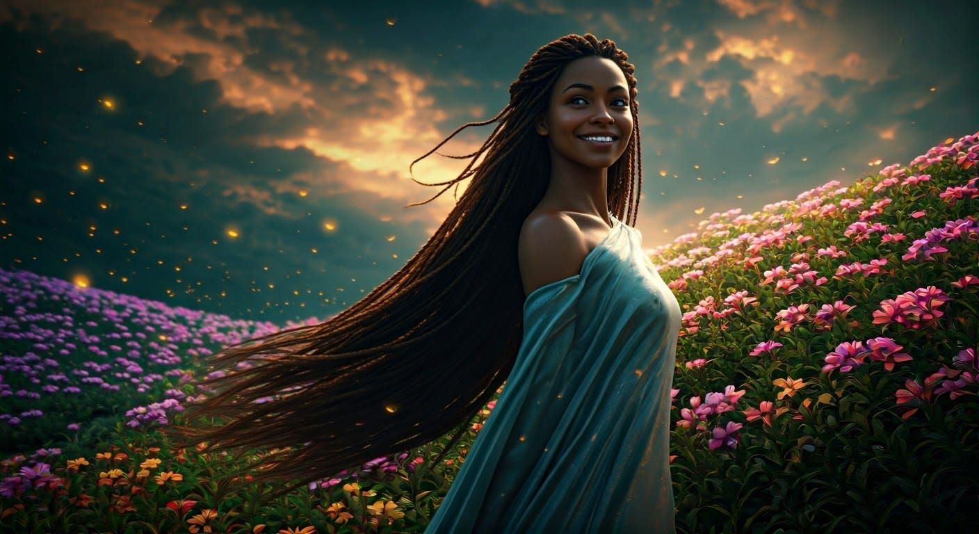 Empress in Lush Garden with Fireflies, Digital Painting