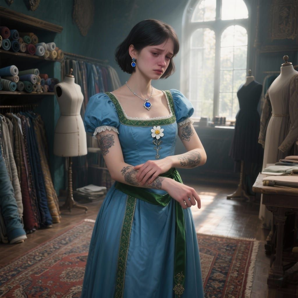 Renaissance Gown Fantasy Art: Woman in Tailor Shop