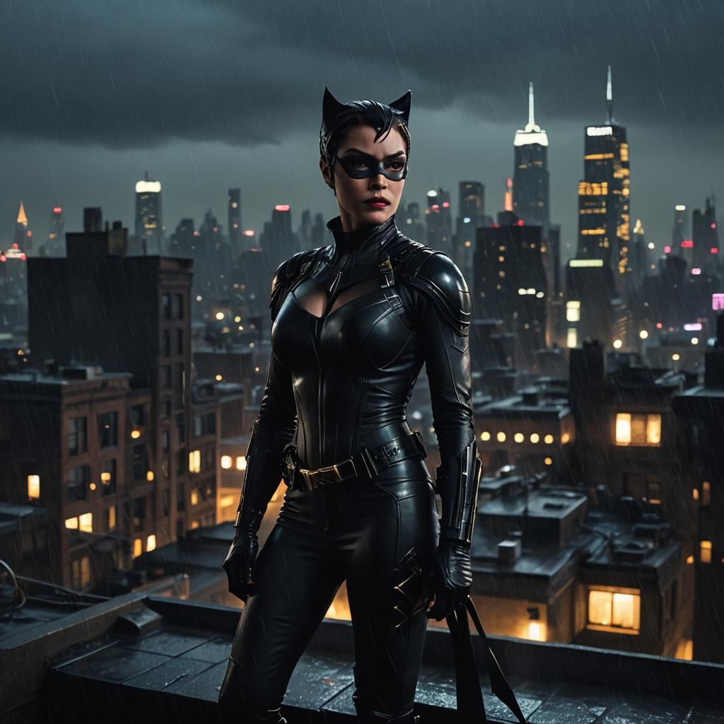 Catwoman on Gotham Rooftop in Film Still