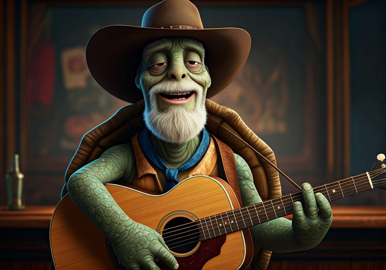 Bluesman Turtle Plays Guitar in Pixar Style