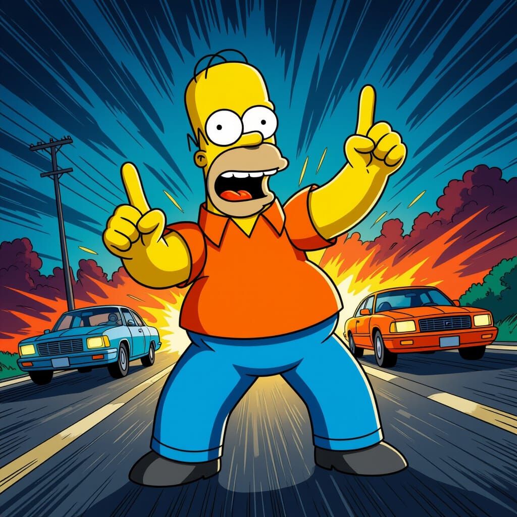 Homer Simpson's Road Rage in Comic Book Style