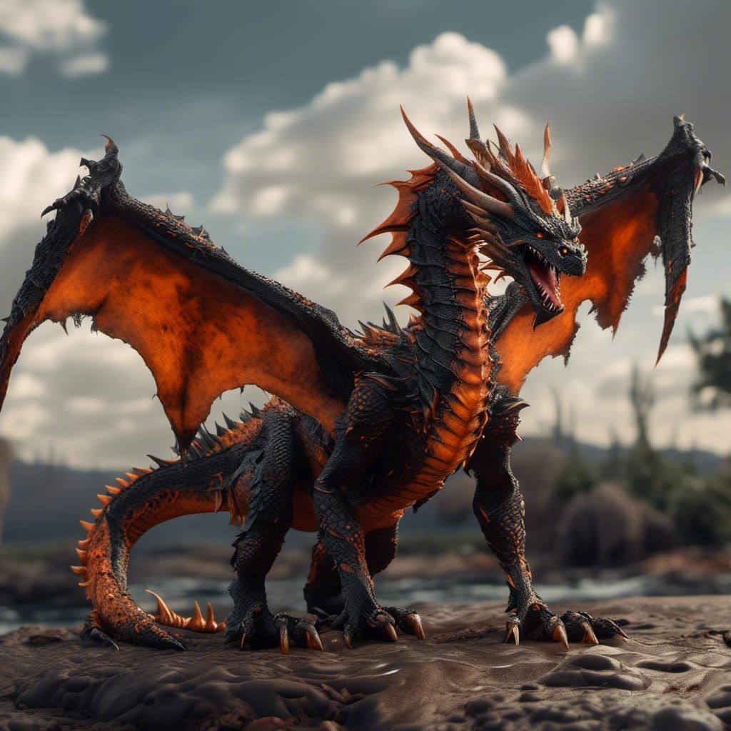 Menacing Orange and Black Dragon in 3D Render