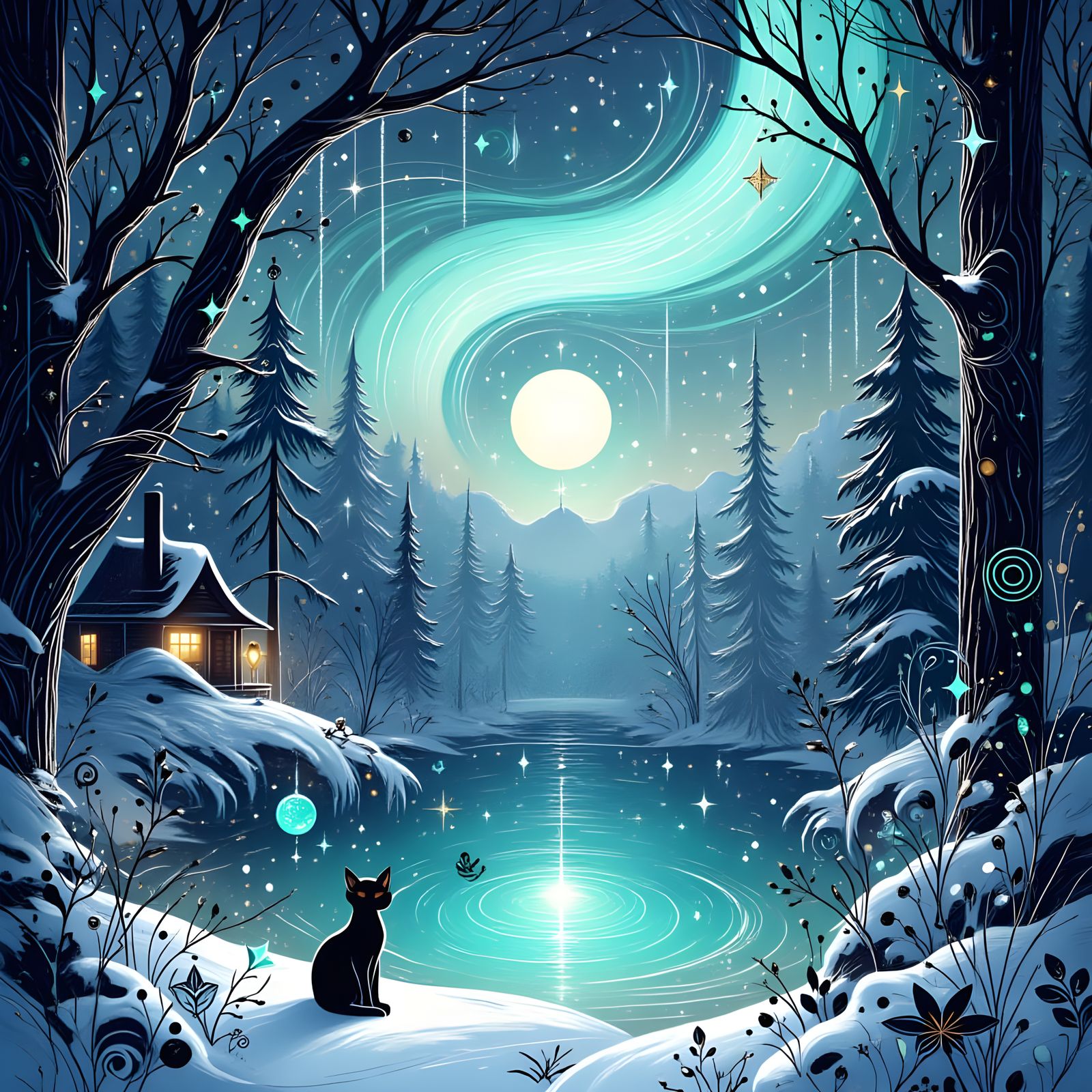 Black cat under aurora