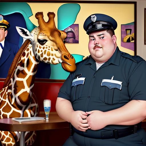 Policeman and Giraffe at 50s Diner in Photographic Style