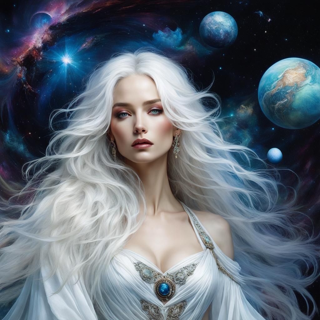 Cosmic Woman in Anime Style with Nebula Dress