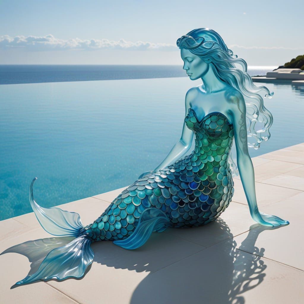 Seaglass Mermaid Sculpture by Infinity Pool at Sunset