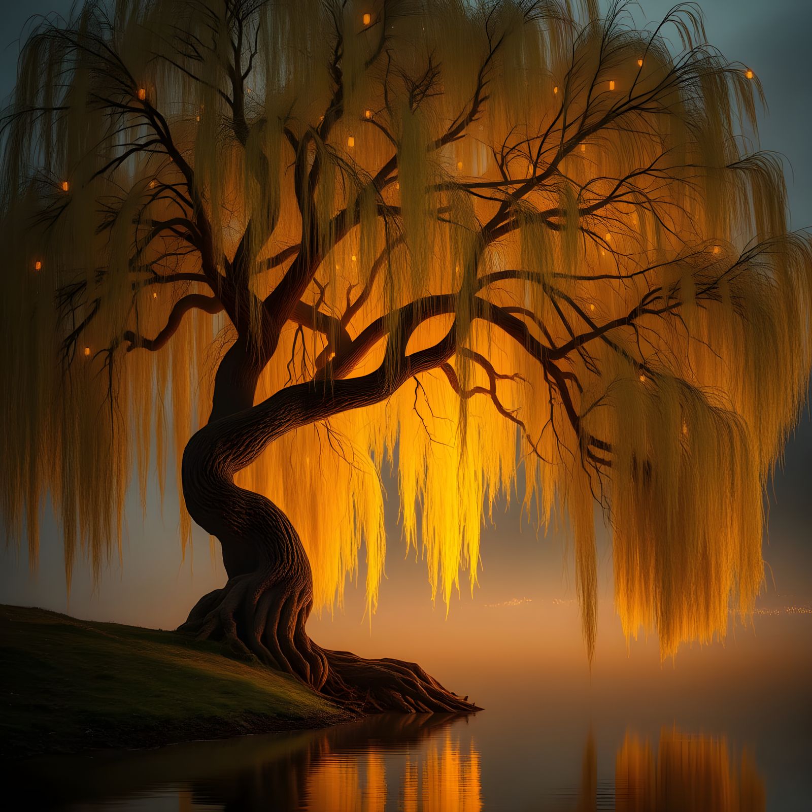Majestic Weeping Willow Tree Basks in Golden Firefly Glow