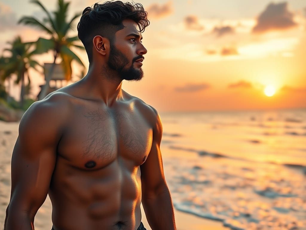 Handsome Sri Lankan Man Embracing Sunset on Beach