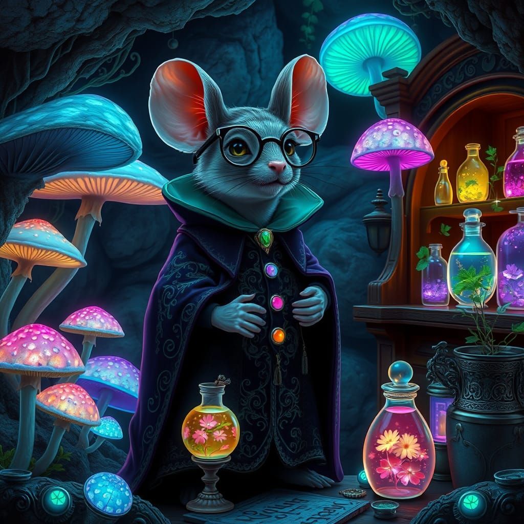 Mystical Mouse Alchemist in a Bioluminescent Cavern