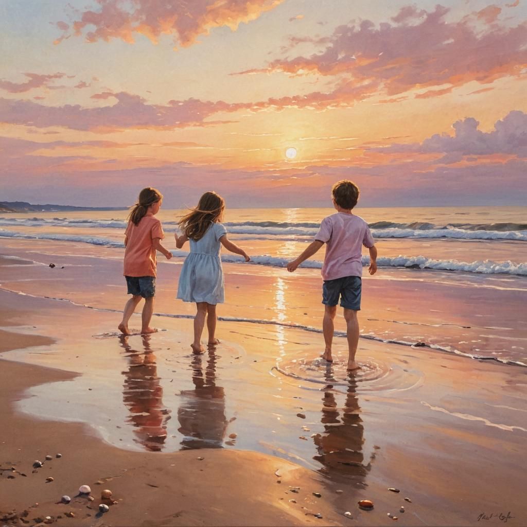 Impressionist Seascape Painting of Children at Sunset