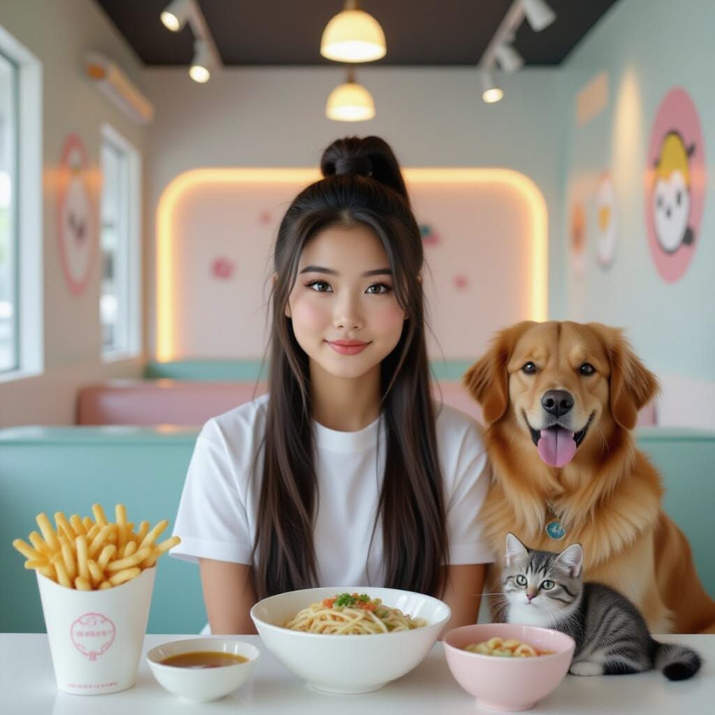Teen Girl with Food & Pets in Photo Booth