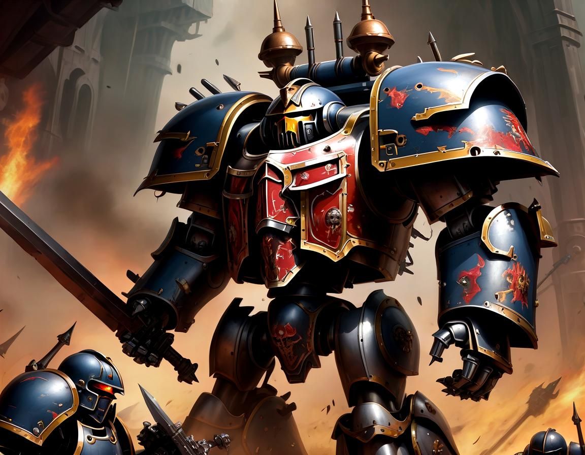 Imperial Knight Mecha Battle Scene in Grimdark Style