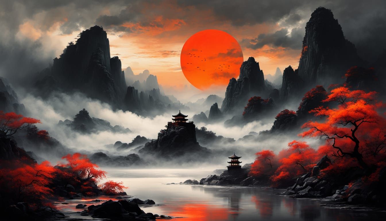 Martial Artist in Ink Wash Painting at Sunrise