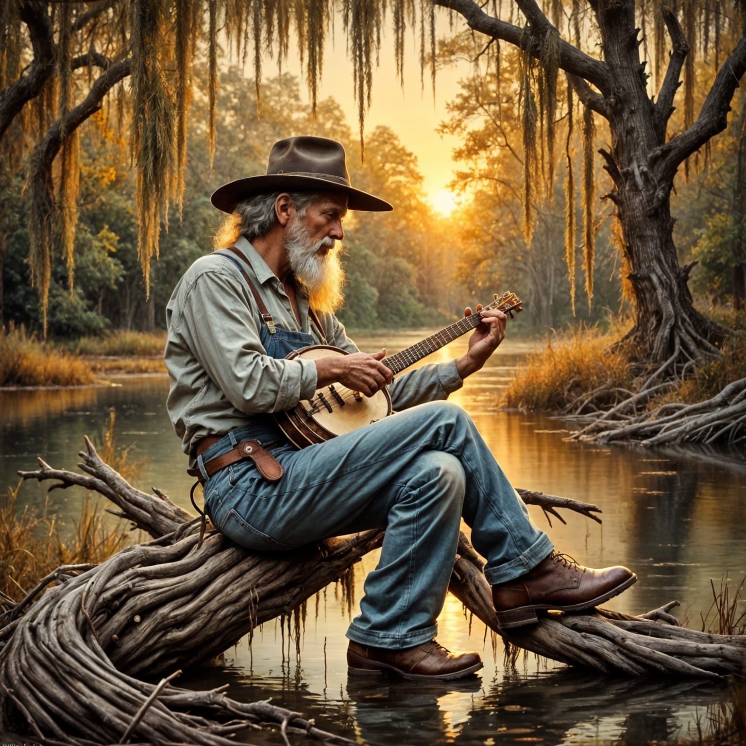 Cajun Man's Bayou Banjo Serenade at Sunset