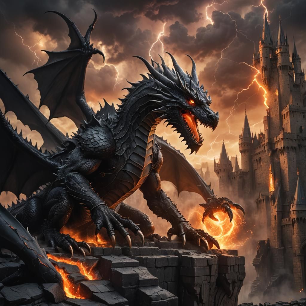 Gothic Dragon Attacks Fortress in Dark Fantasy Artwork