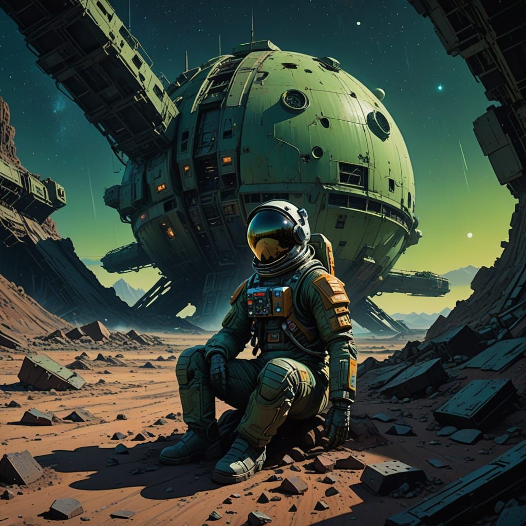 Astronaut on Abandoned Spaceship Planet in Moody, Cinematic ...