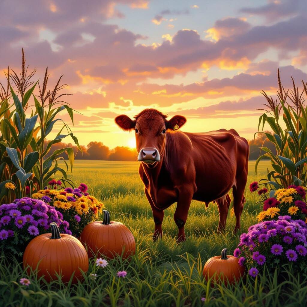 Red Cow in Autumn Pasture at Sunset