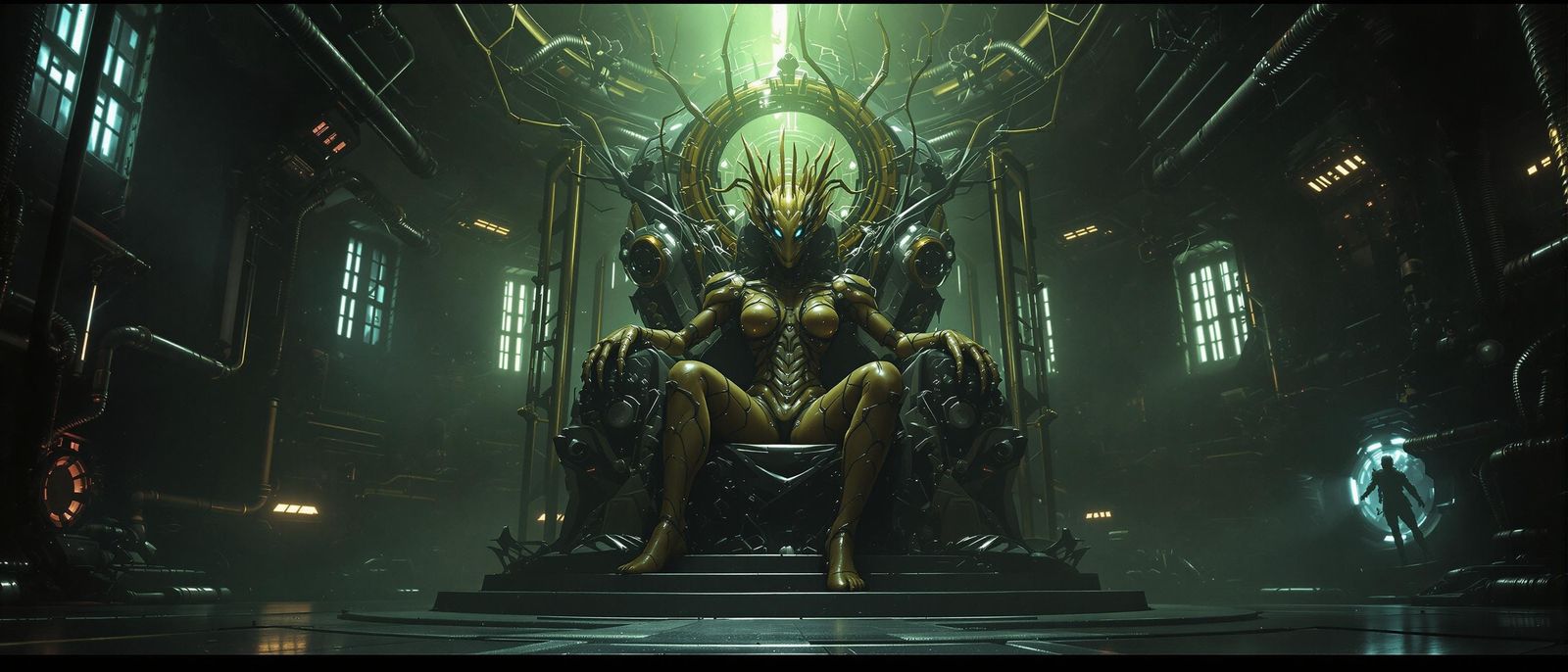 Biomechanical Hive Queen in Dark, Futuristic Lair