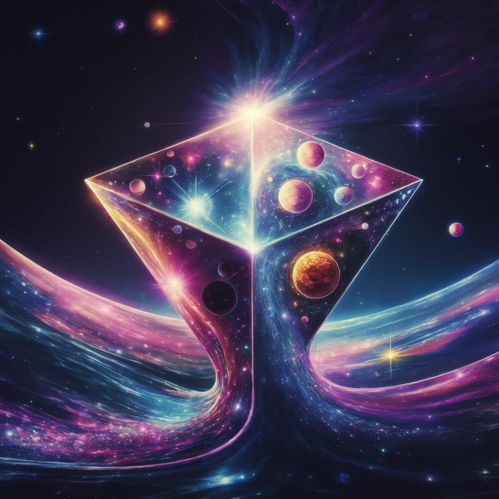 Vibrant Cosmic Tesseract Blooms with Stars and Planets