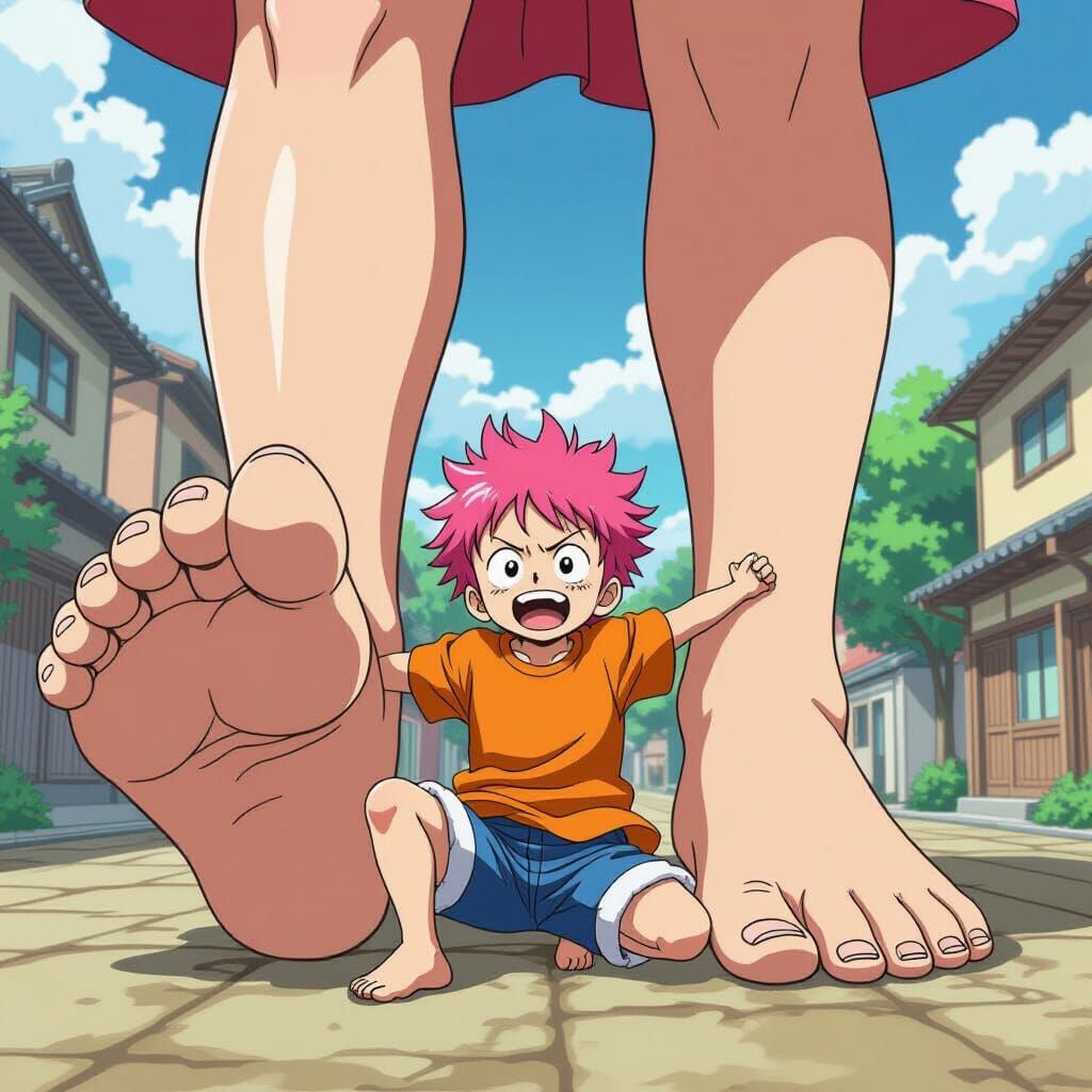 Crushed: Tiny Boy Underneath Giant Barefoot in Anime Style