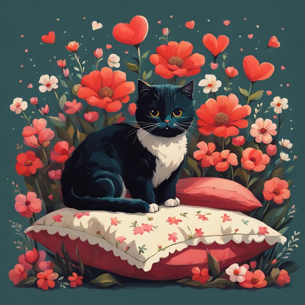 Cat on Pillow Surrounded by Flowers, in Surreal Style