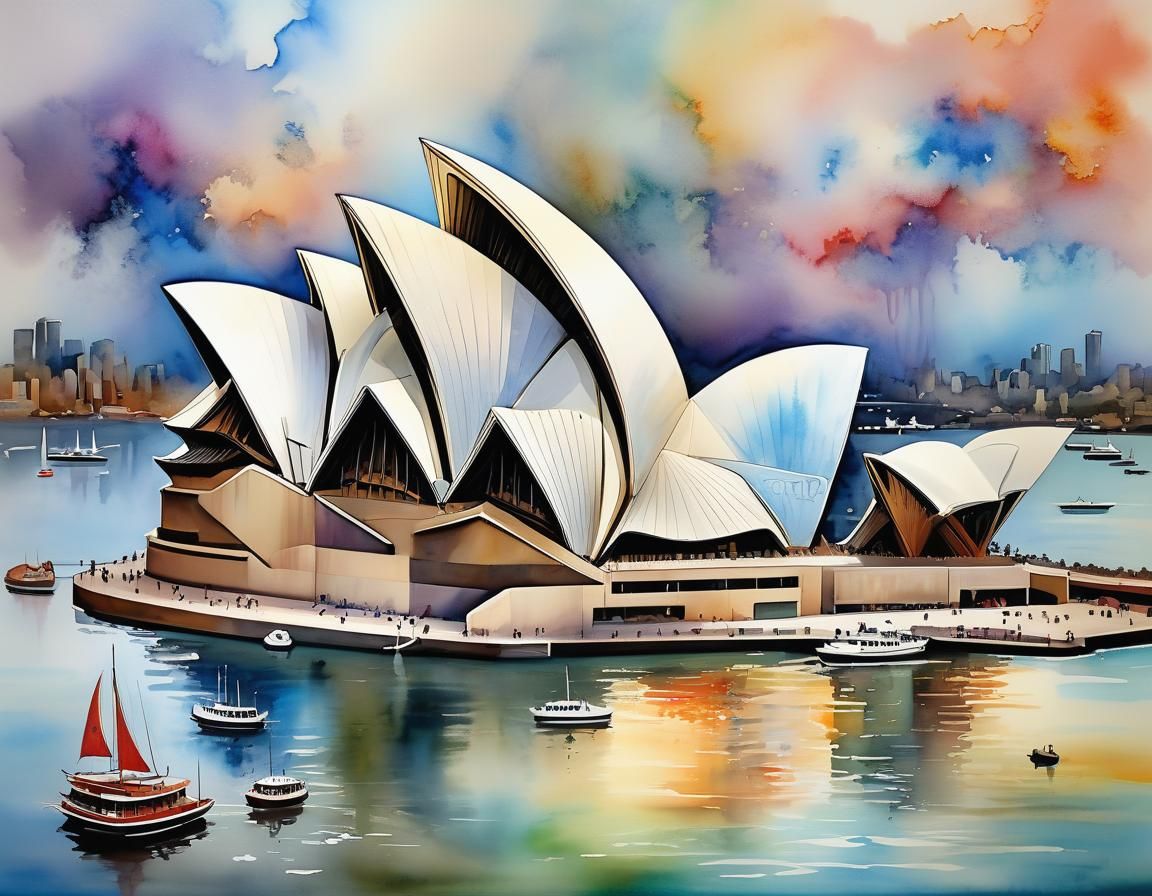 Sydney Opera House in Impressionist Watercolor Style