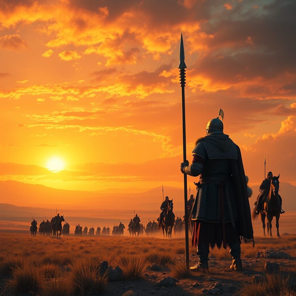 Slavic Warrior Confronts Mongol Horde at Sunset