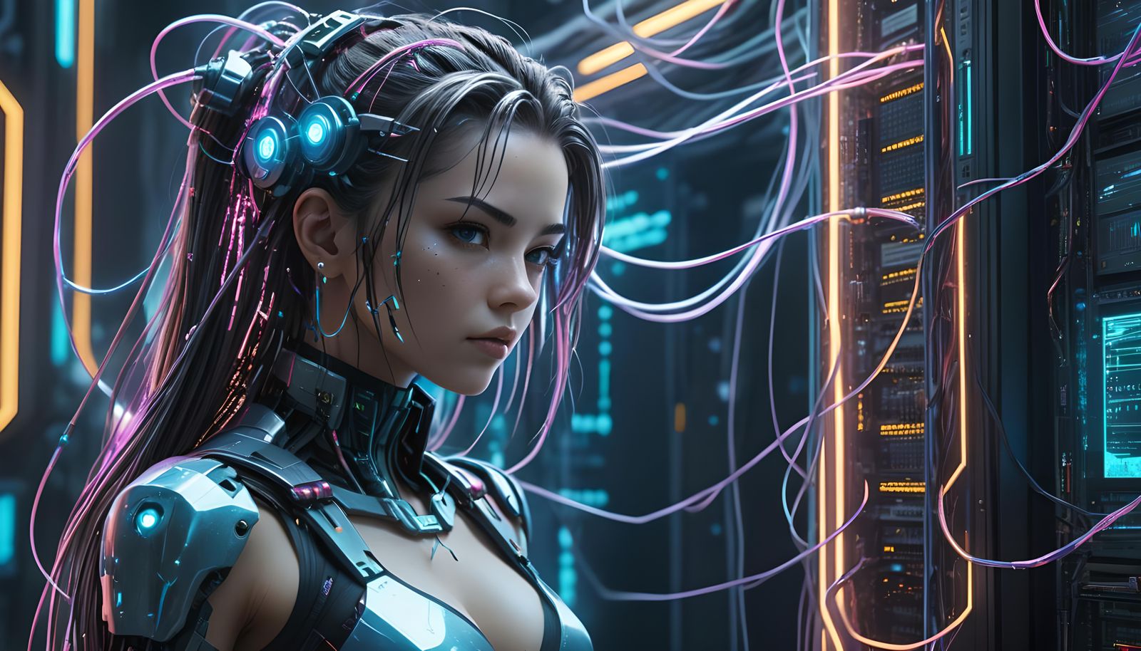 Cyberpunk Anime Woman Connected to Mainframe Computer