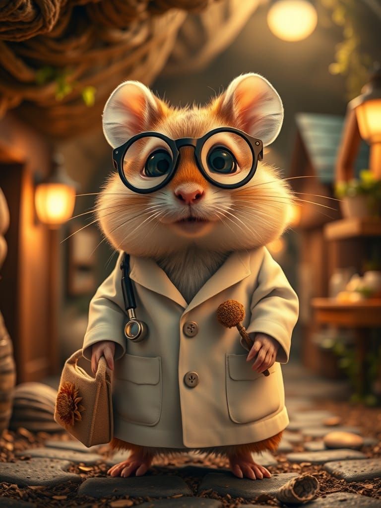 Hyper-Realistic Hamster Doctor in Whimsical Underground Town