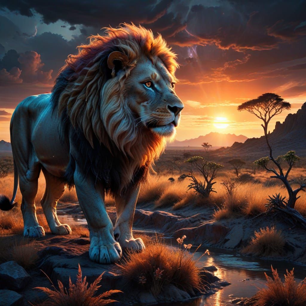 Majestic Lion on Alien Savanna Under Binary Sunset