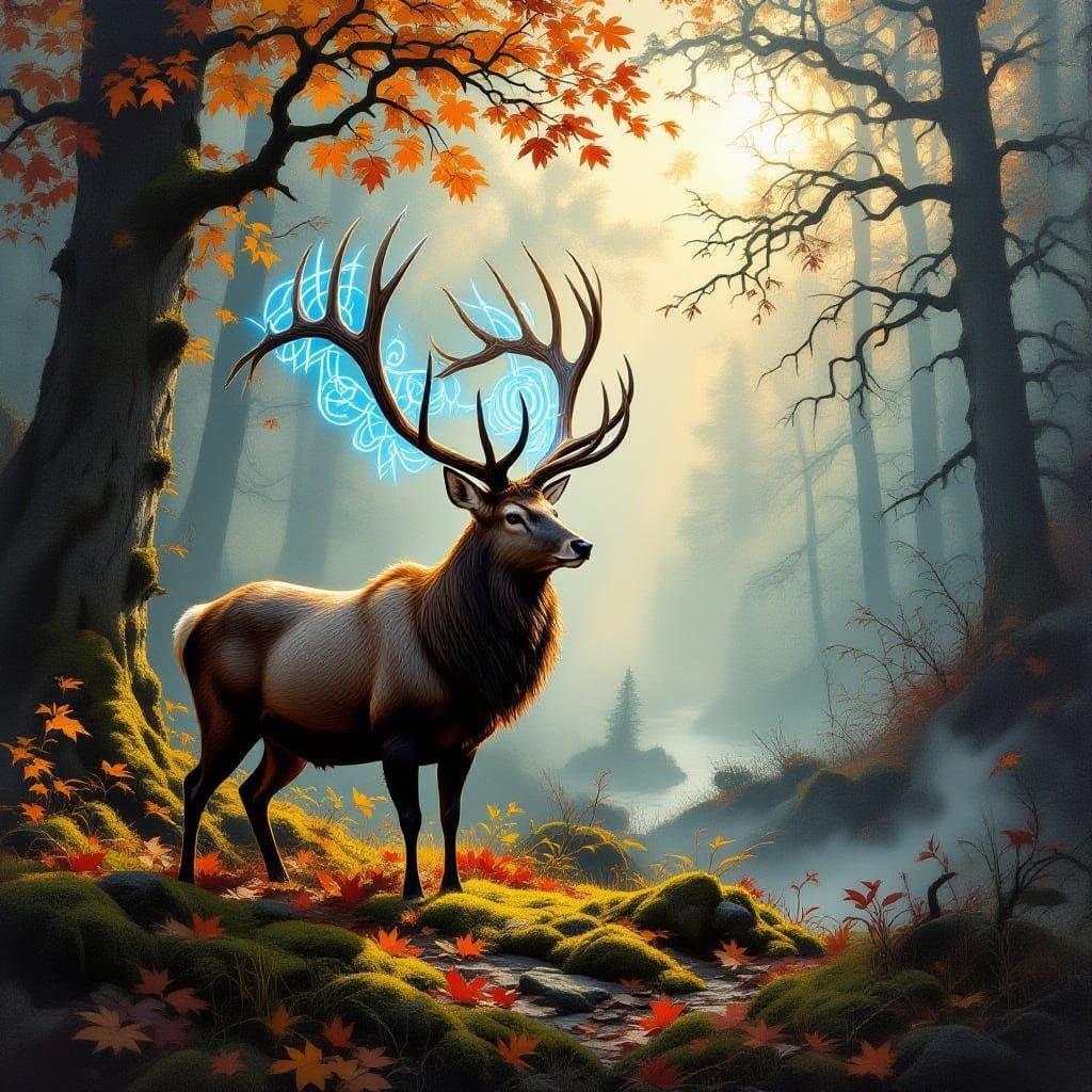 Majestic Stag with Rune Antlers in Ancient Forest Oil Painti...