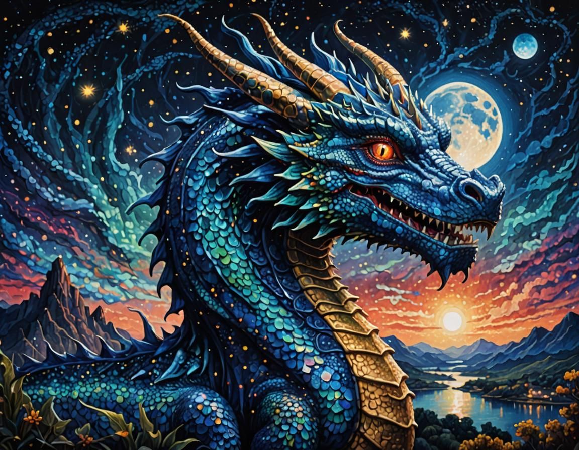 Blue Dragon Gazing at Moon in Pointillism Style