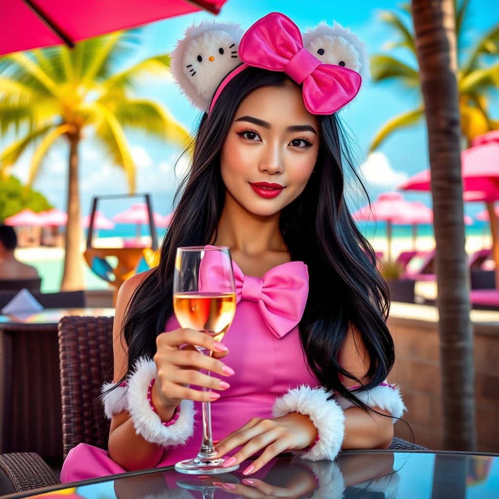 Elegant Japanese Beauty in Whimsical Hello Kitty Attire