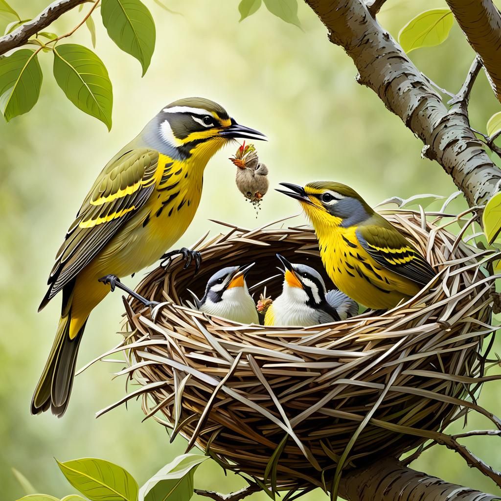 Prairie Warbler Feeding Baby Birds: Digital Painting