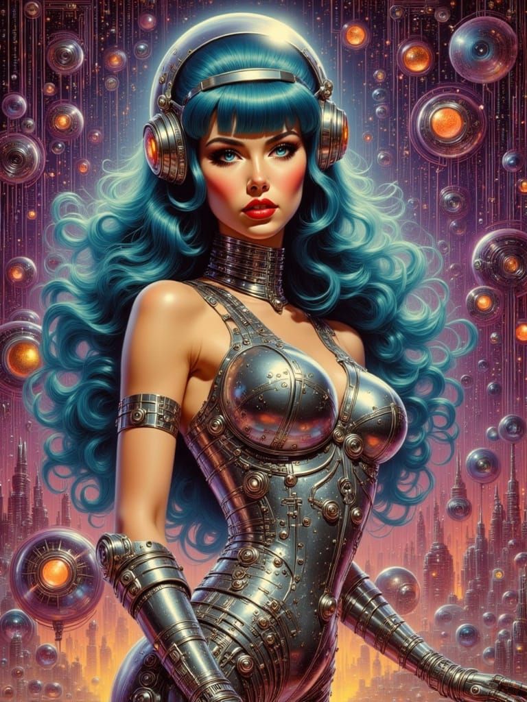 Striking Cyborg Pinup in Retro-Futuristic Style