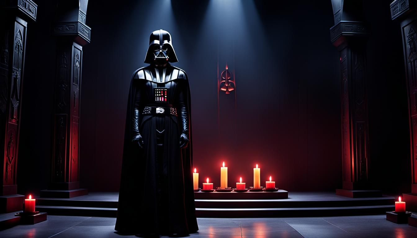 A darkened chamber, its walls adorned with the symbols of the Sith, Lord Vader awaits