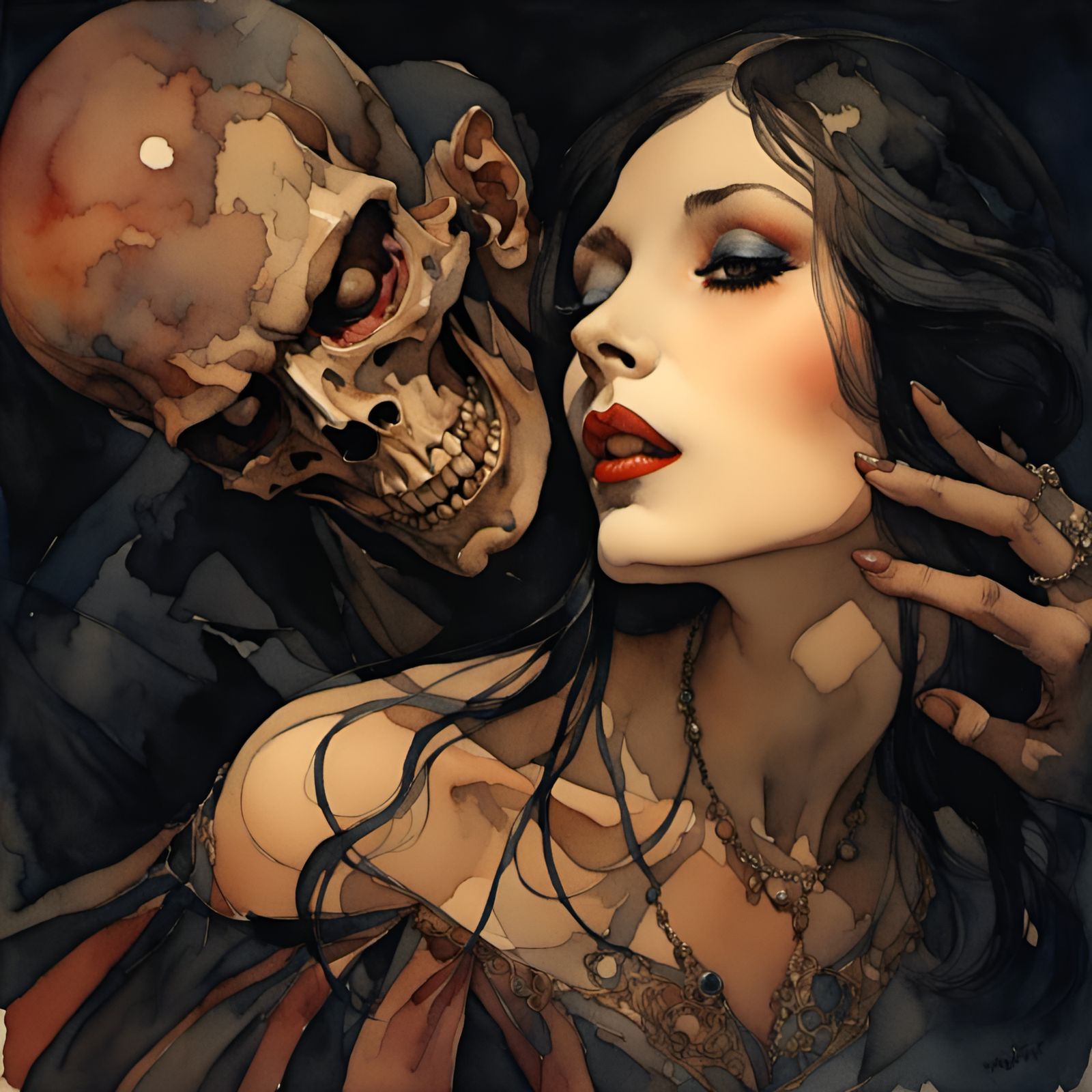 Vampire and Woman in Romantic Watercolor Style