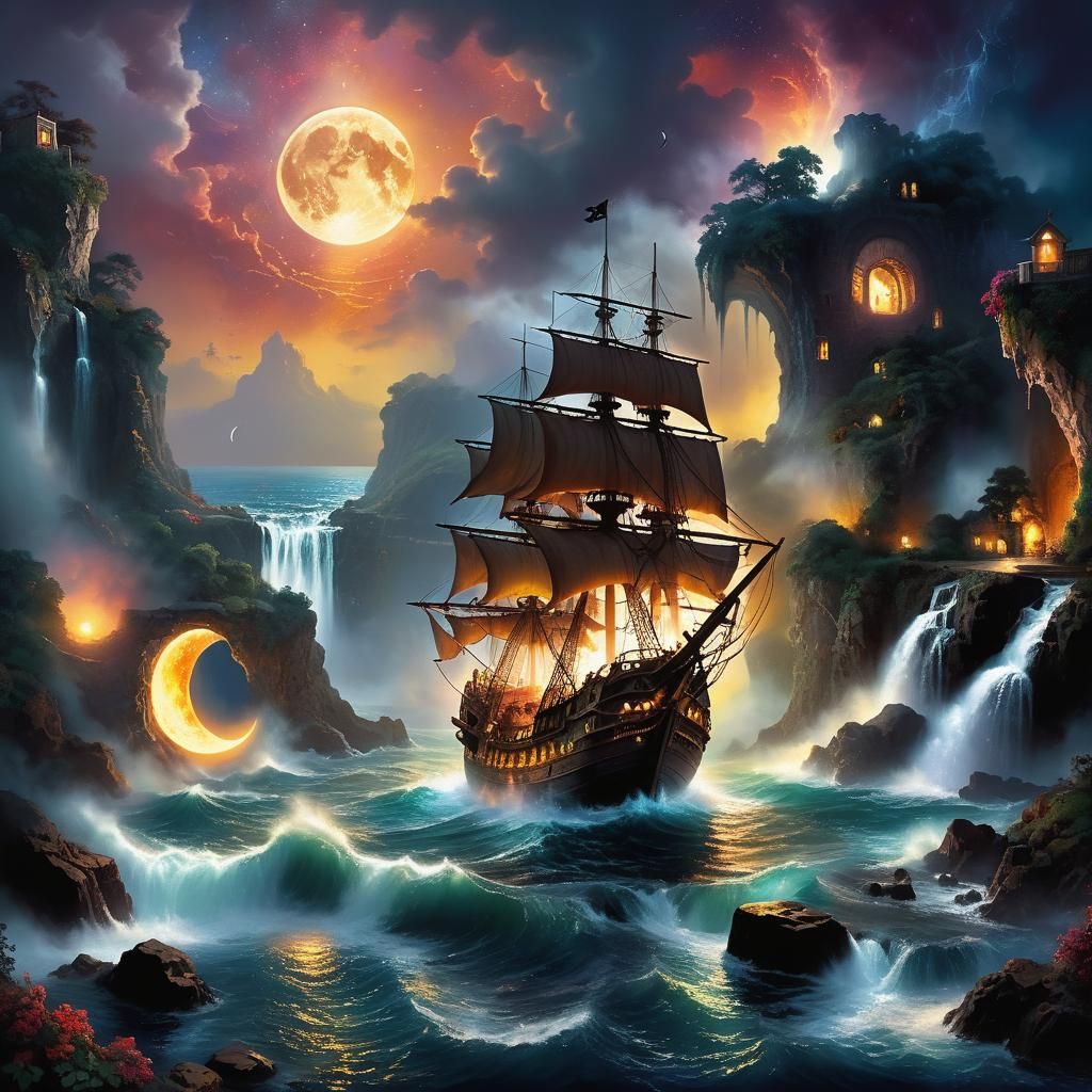 Surreal Moonscape with Pirate Ship and Nebula