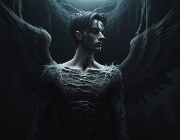 Surreal Ominous Angel in Dark Attic Oil Painting