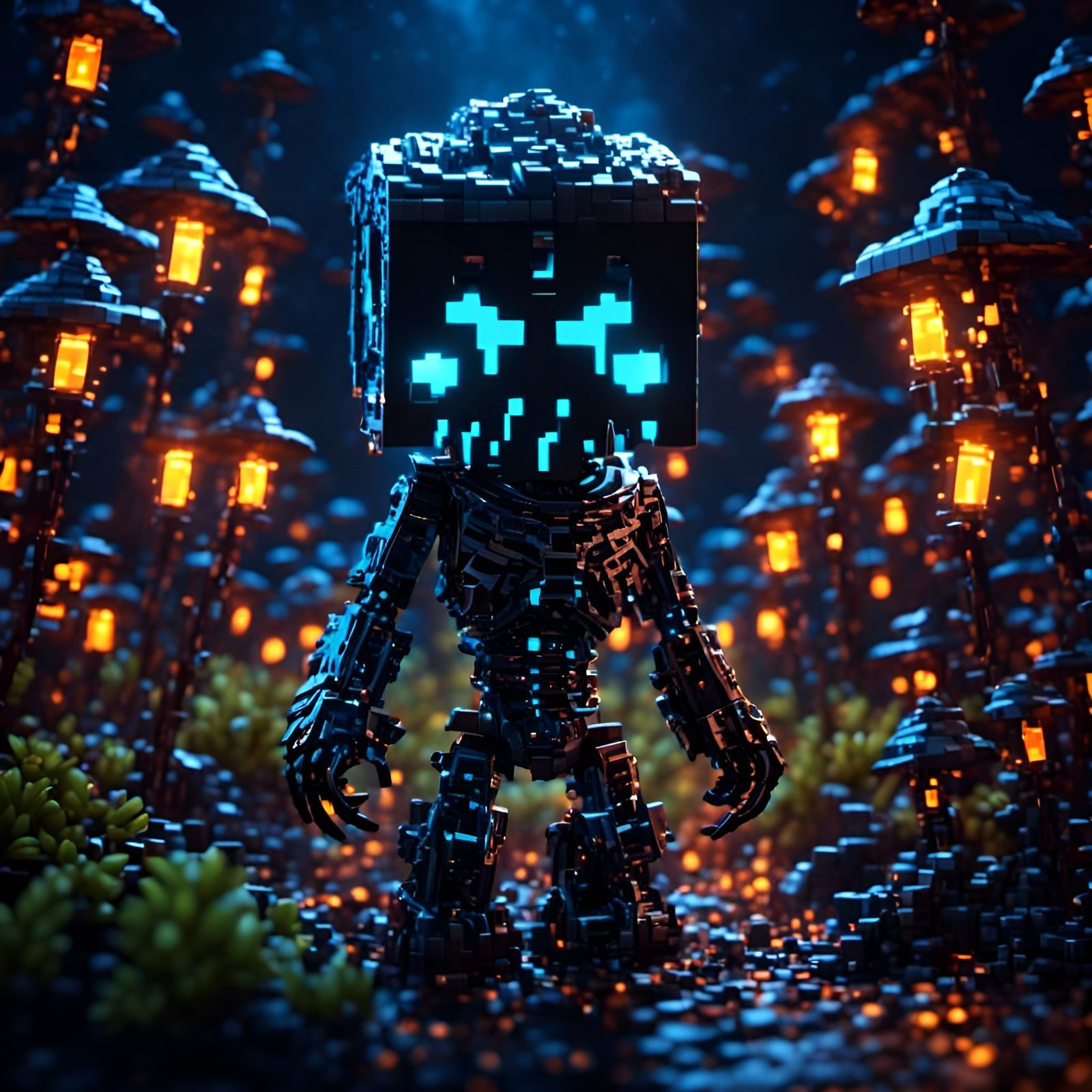 Chibi Minecraft Wither Skeleton on Cosmic Moonlit Night