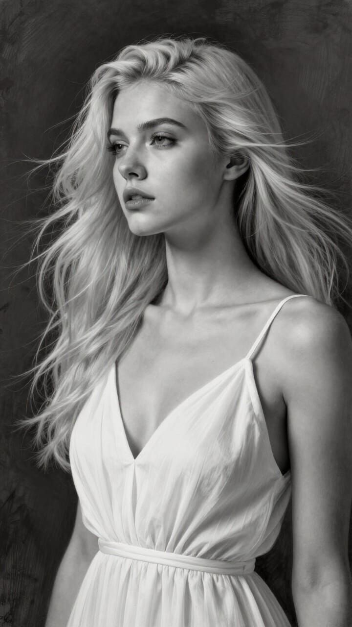 Monochrome Portrait of Serene Woman in Charcoal and Digital ...