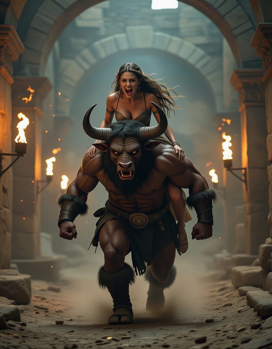 Minotaur Rescues Elf Woman From Ancient Ruins