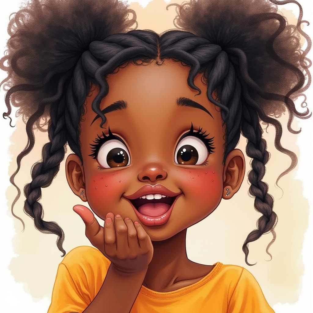 Joyful Dark-Skinned Girl Portrait in Watercolor Style