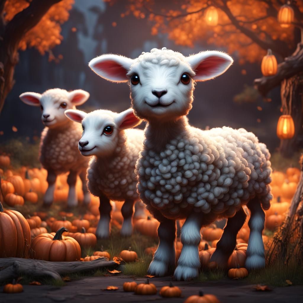 Cute Lambs Halloween Scene: Detailed Matte Painting
