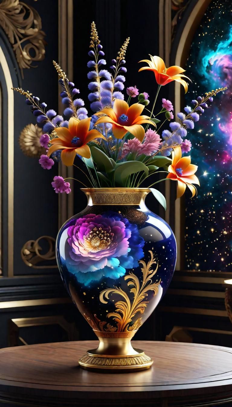 Nebula Vase of Flowers in Space, Opulent 8k Resolution